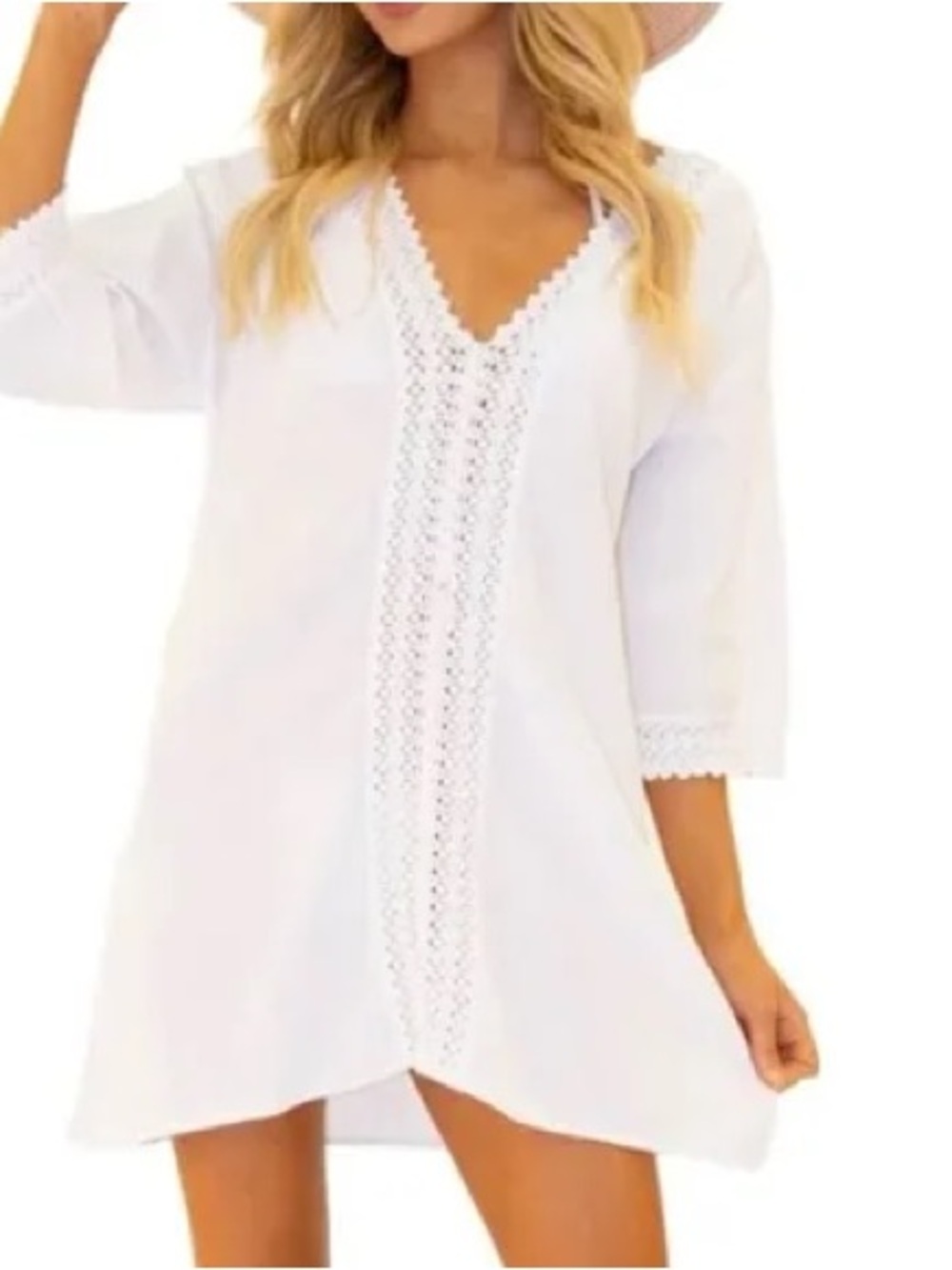 Seaspice Resort Wear White V-Neck Crochet-Trim Swim Coverup Tunic
